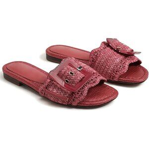 Women's Rose Buckle Straw Flats Woven Braided Rattan Slides Summer Sandals